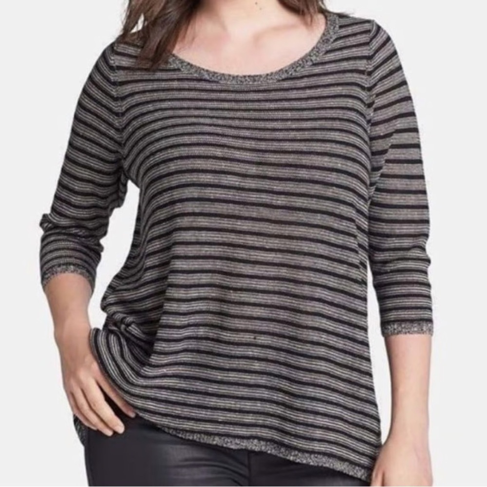 Eileen Fisher Sweater Wool & Linen Blend Oversize Stripped Knit XS Black Gray